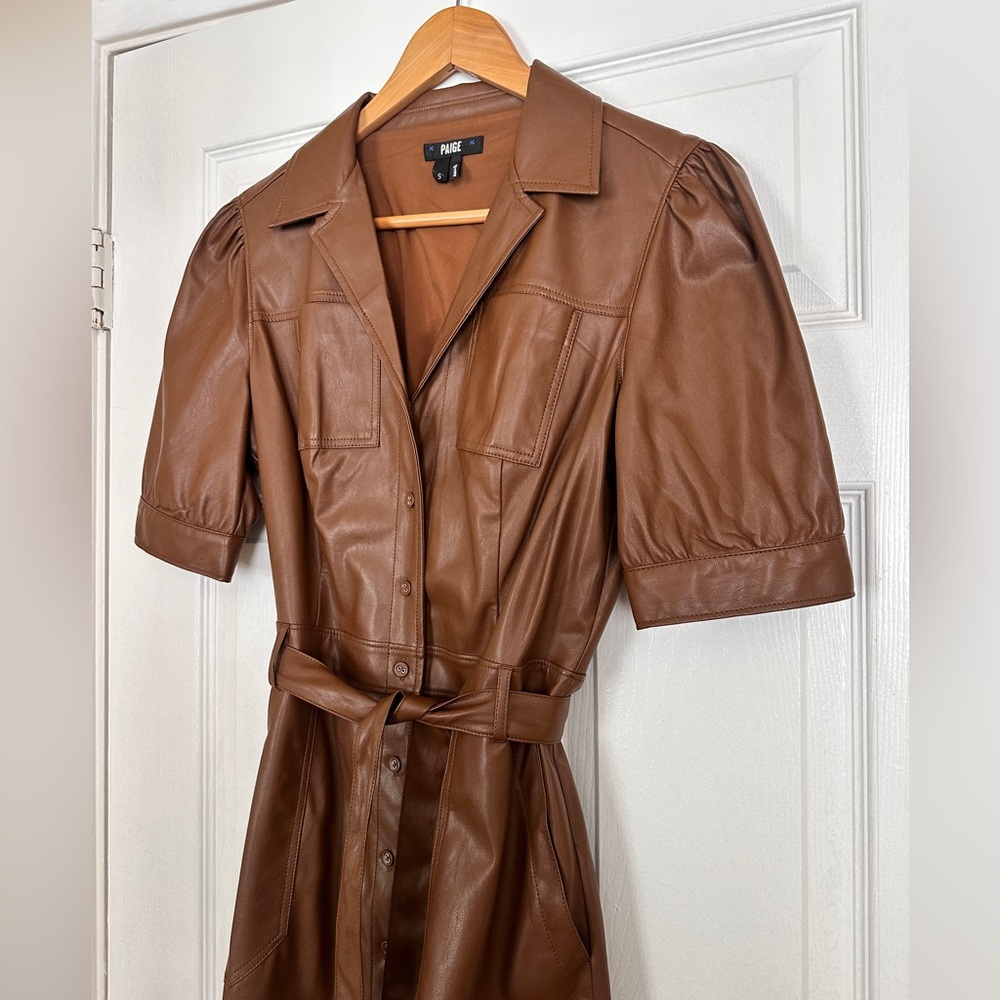 PAIGE Amina Brown Vegan-Leather Short Dress with belt - Size Sm - Picture 4 of 10